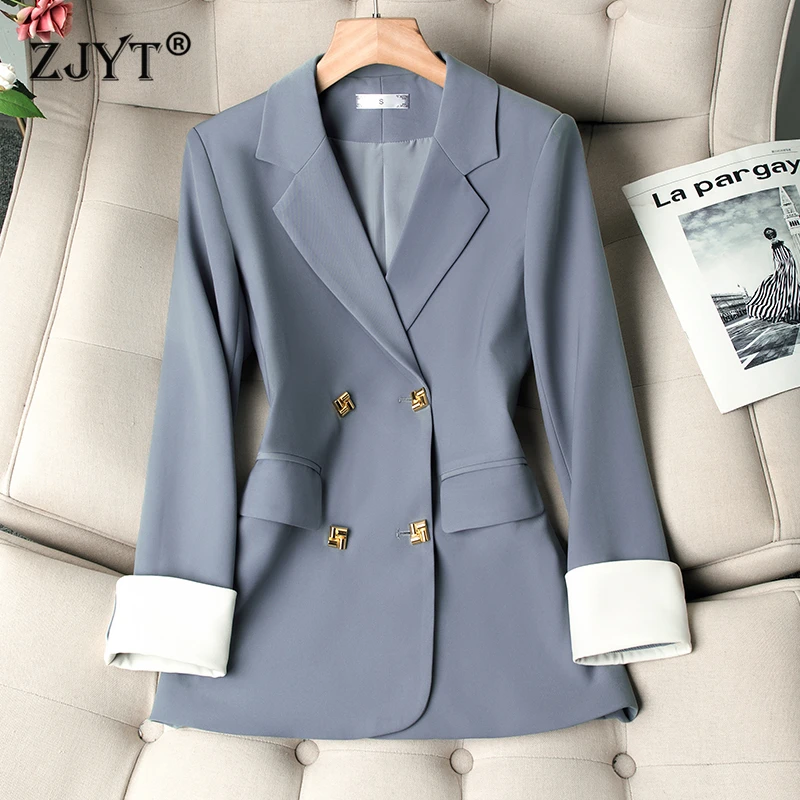 

ZJYT Autumn New Office Lady Blazers for Women Korean Fashion Double Breasted Casual Jackets Coats Female Outerwears Plus Size