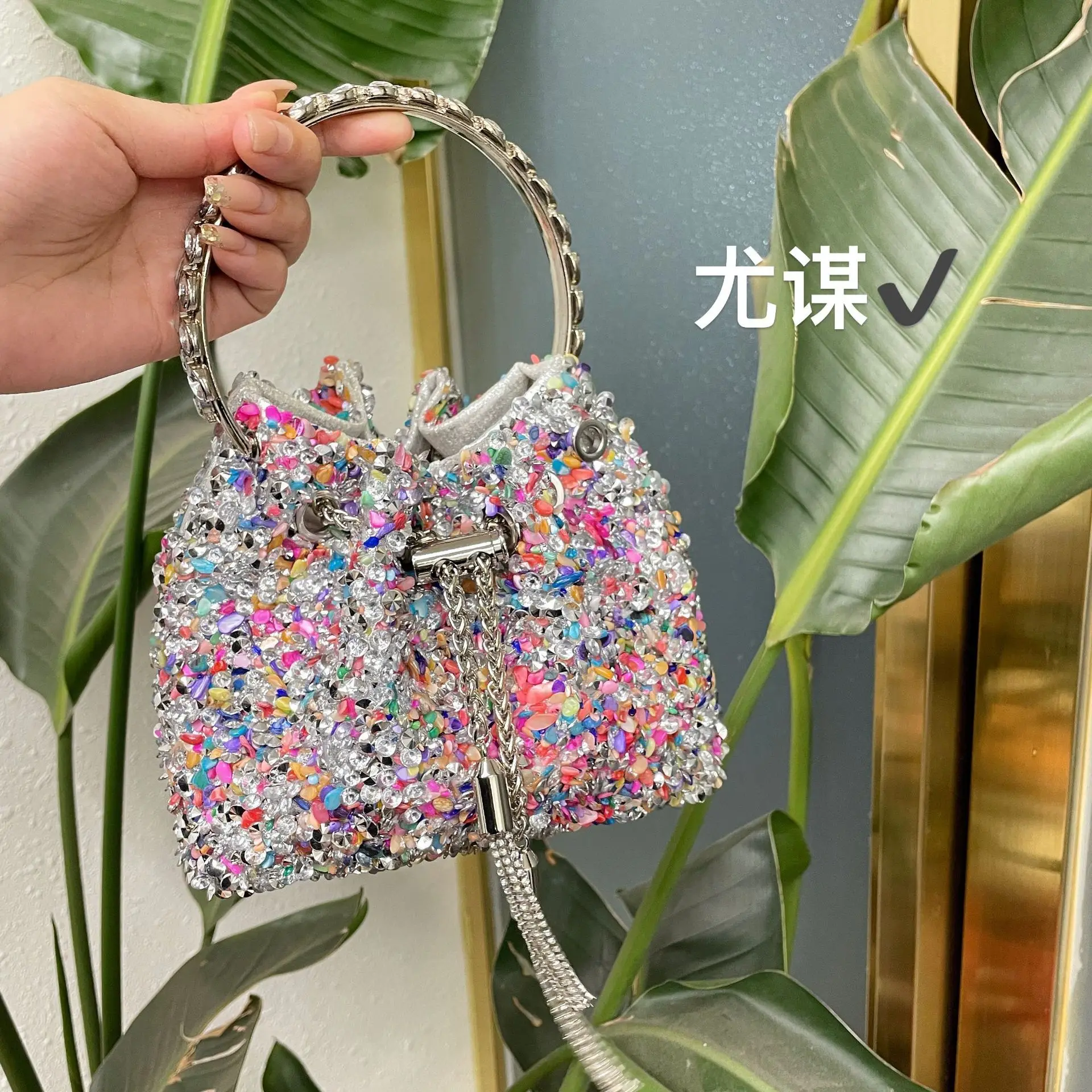 Luxury Designer Glitter Shiny Sequin Stones Evening Clutch Bag Wedding Party Bucket Purse Women's Handbag Shoulder Messenger Bag