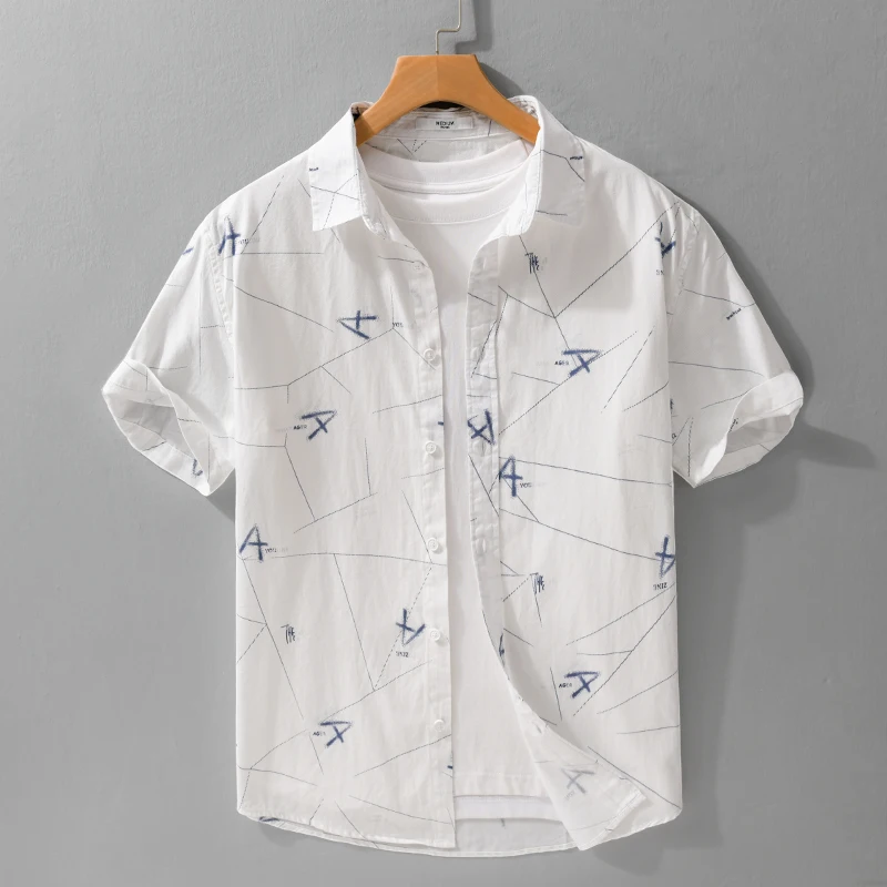

2026 Summer New 100% Cotton Casual Letter Printed Short Sleeve Shirt for Men Turn-down Collar Shirt