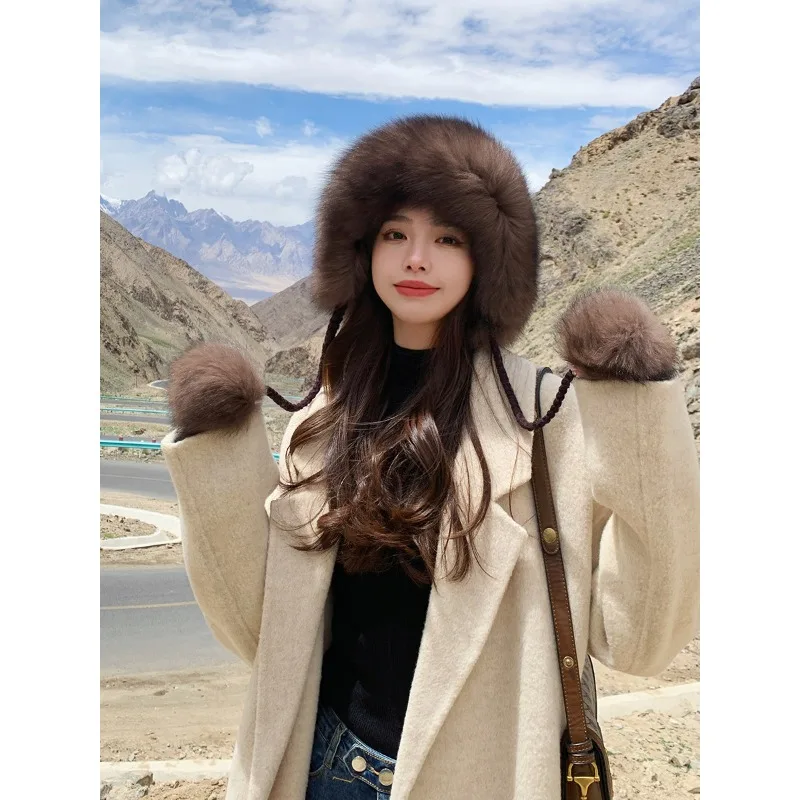 Winter warmth, high-grade sable wool, woven mink fur, fur hat, fox fur ball, women's ear protection, mink hat