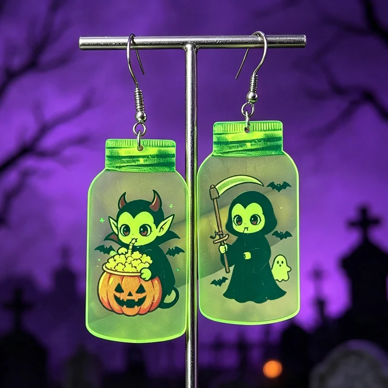 New Halloween Green Acrylic Fluorescent Bottle Vampire Earrings Devil Vampire Reaper Stainless Steel Earhook Halloween Earrings