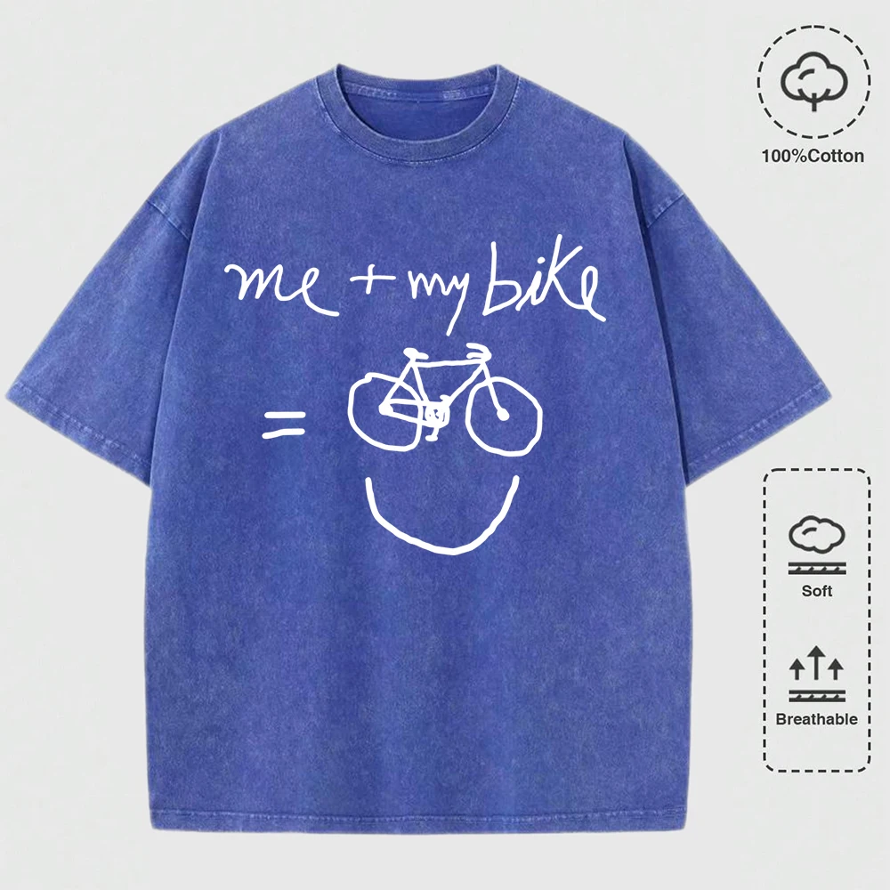 

I Am Very Happy To Have A Bicycle Print Washed T-Shirt Women Casual Cotton T Shirt Hip Hop Y2K Short Sleeve All-Match Loose Top