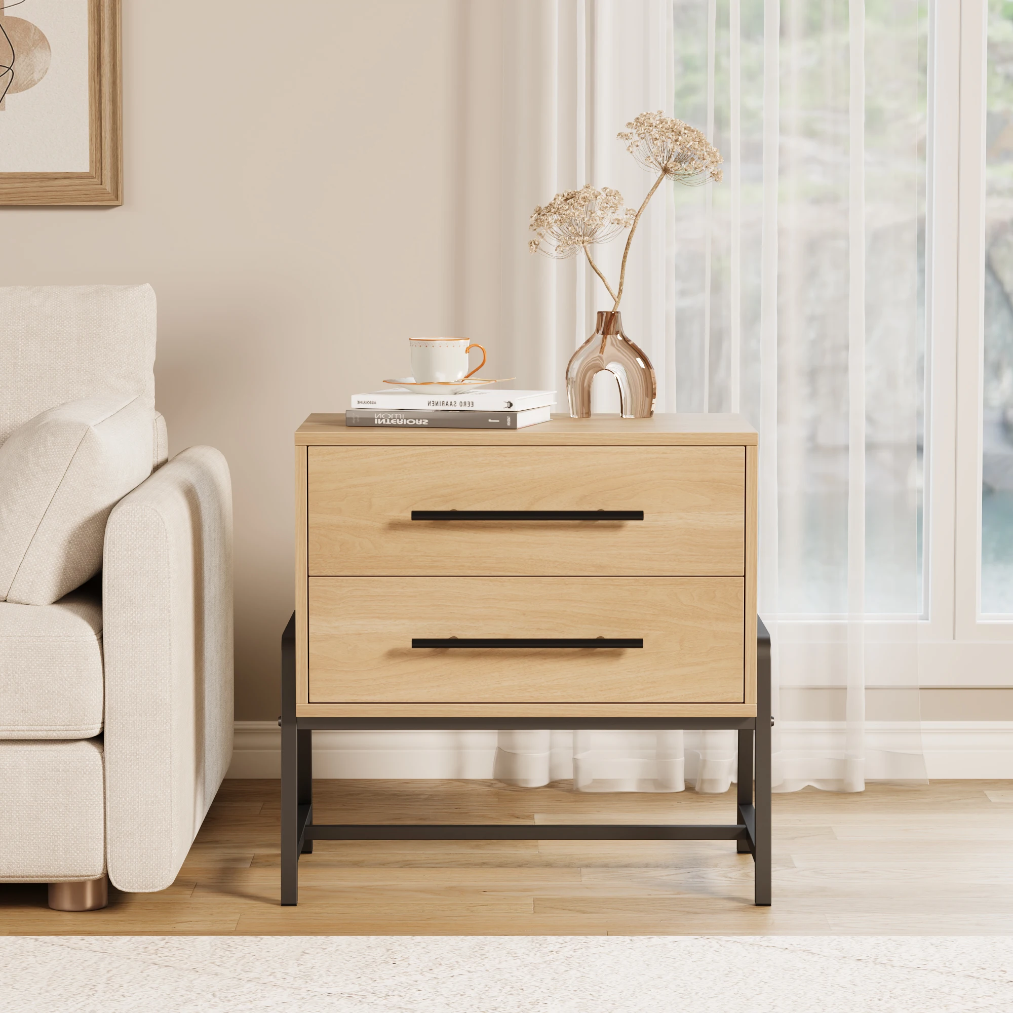 Mid-Century Modern Bedside Table - Water Resistant | Wood, Water Resistant, Sturdy, Living Room, Bedroom, Office, 2 Drawer