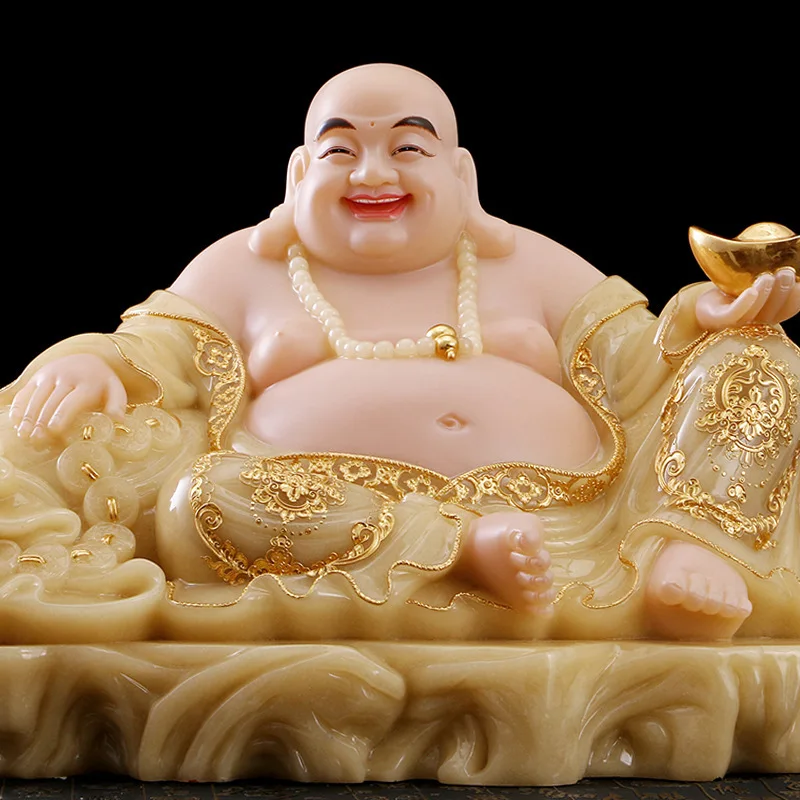 Yellow White marble Maitreya Buddha statue Big belly laughing Buddha Metteyya sculpture living room decoration