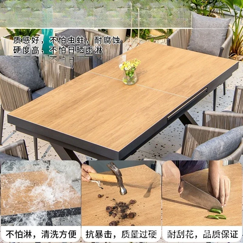 Dining table and chairs waterproof and sunscreen villa courtyard leisure chair outdoor garden imitation wood grain table rattan