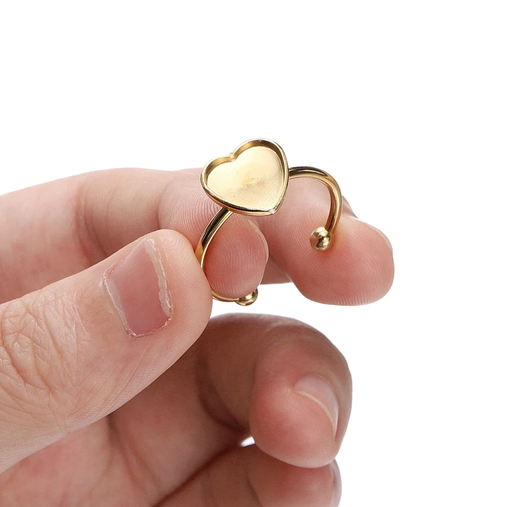 5pcs Stainless Steel Adjustable Ring Base Settings Blank Bezel Cabochons Flat Blank Heart Tray Resin Ring for Jewelry Making