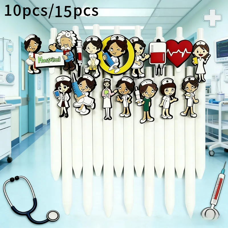 

10/15pcs Nurse themed white ballpoint pen, extendable, printed with nurse, stethoscope, and medical schematic diagram