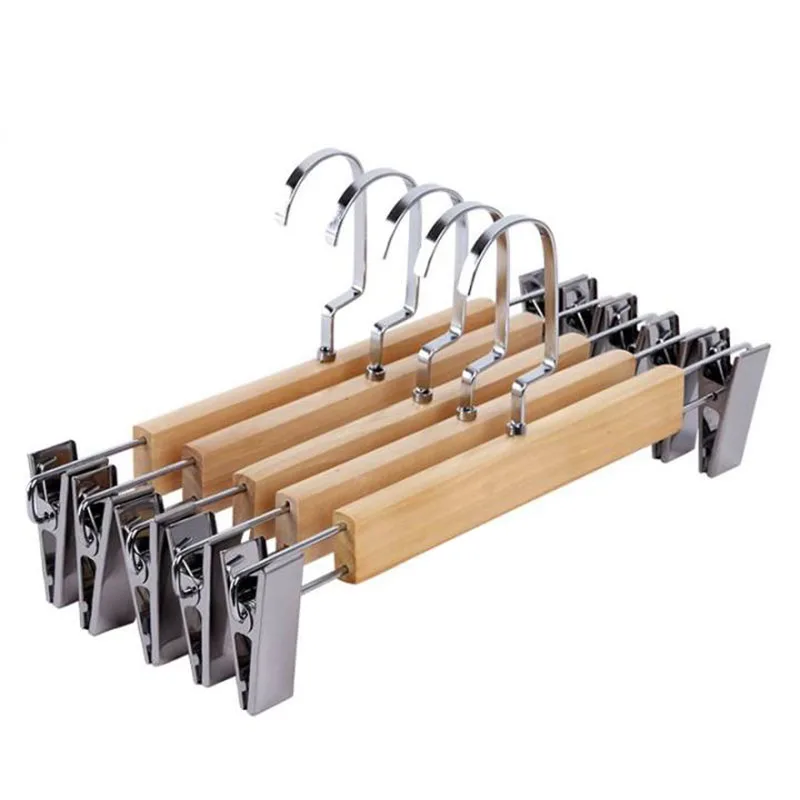 Retro 10pcs Wooden Pants Hanger Clothes Closet Organizer Skirt Trouser Rack Wardrobe Storage Anti Slip Metal Clip