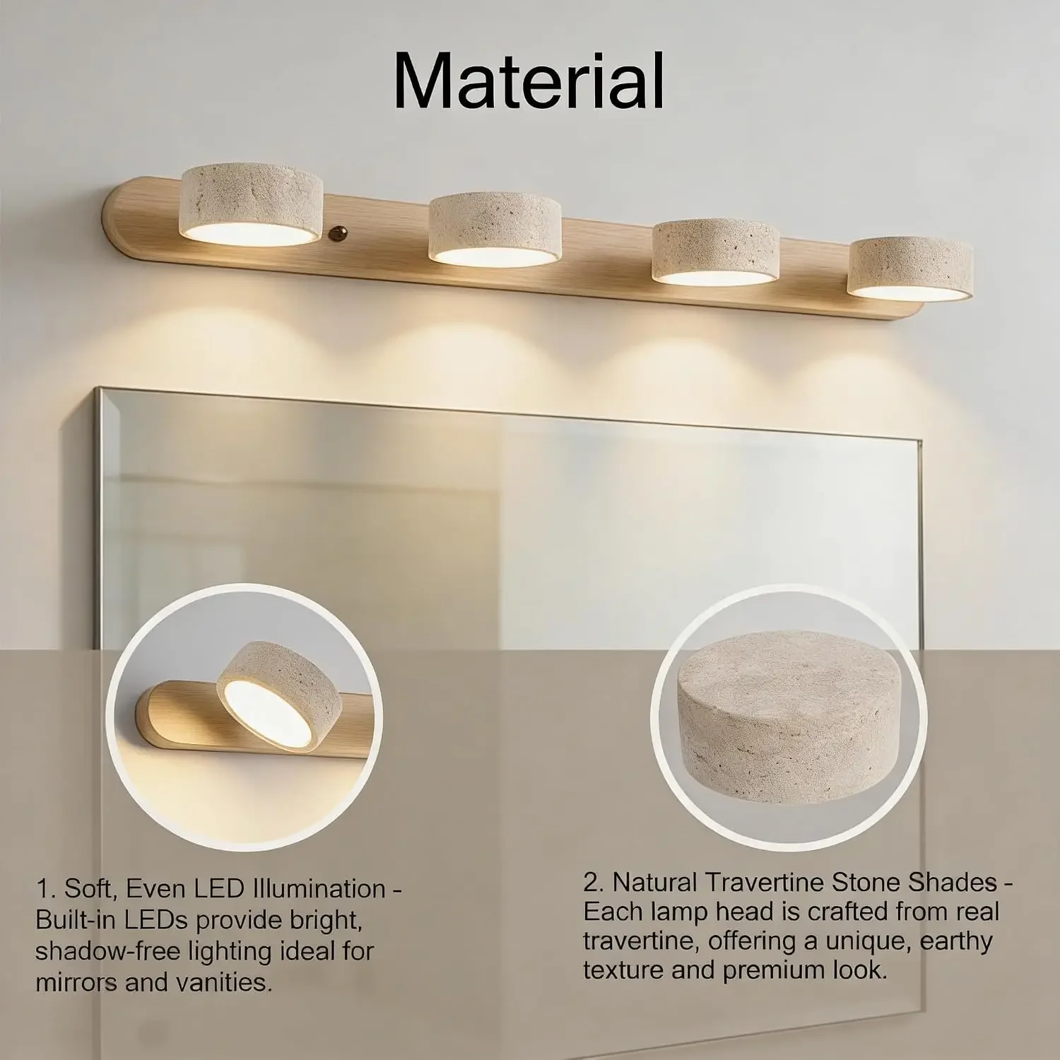 LED Bathroom Vanity Light, Travertine Stone Light Fixture, 360° Rotatable Stone Lampshades, Modern Rustic Wall Lamp for Bedroom, view 3
