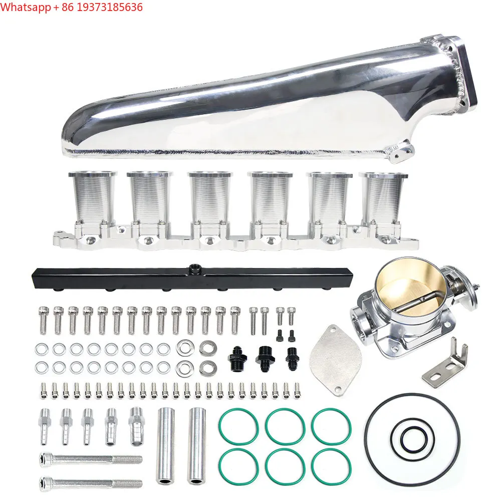 For CNC 2JZ-GE Intake Manifold Fuel Rail Throttle Body Set 6 Injectors Sliver Throttle Body 90mm Suitable for Vvti and Non-vvti