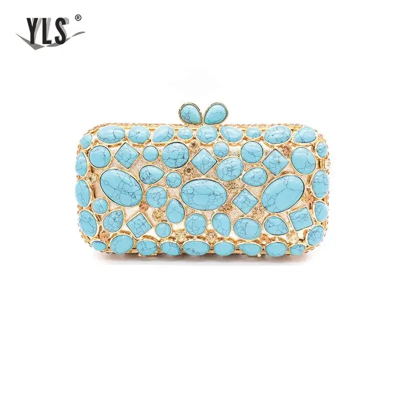 Clutch Vintage azul lago para mujer, bolsos de mano de Gema turquesa de celebridades, bolsos de mano para ocasiones formales, monedero de fiesta de noche de boda, 2024