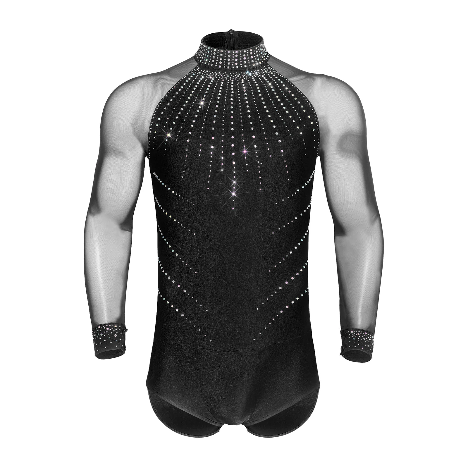 

Men Gymnastics Artistic Figure Skating Latin Dance Performance Tango Bodysuit Shiny Rhinestone Mesh Long Sleeve Leotard Jumpsuit