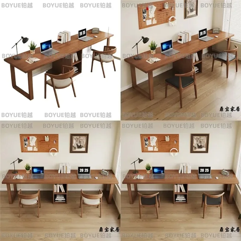 Solid Wood Double Desk with Bookshelf Wall Mounted Computer Table for Bedroom Home Office Student Long Study Workbench