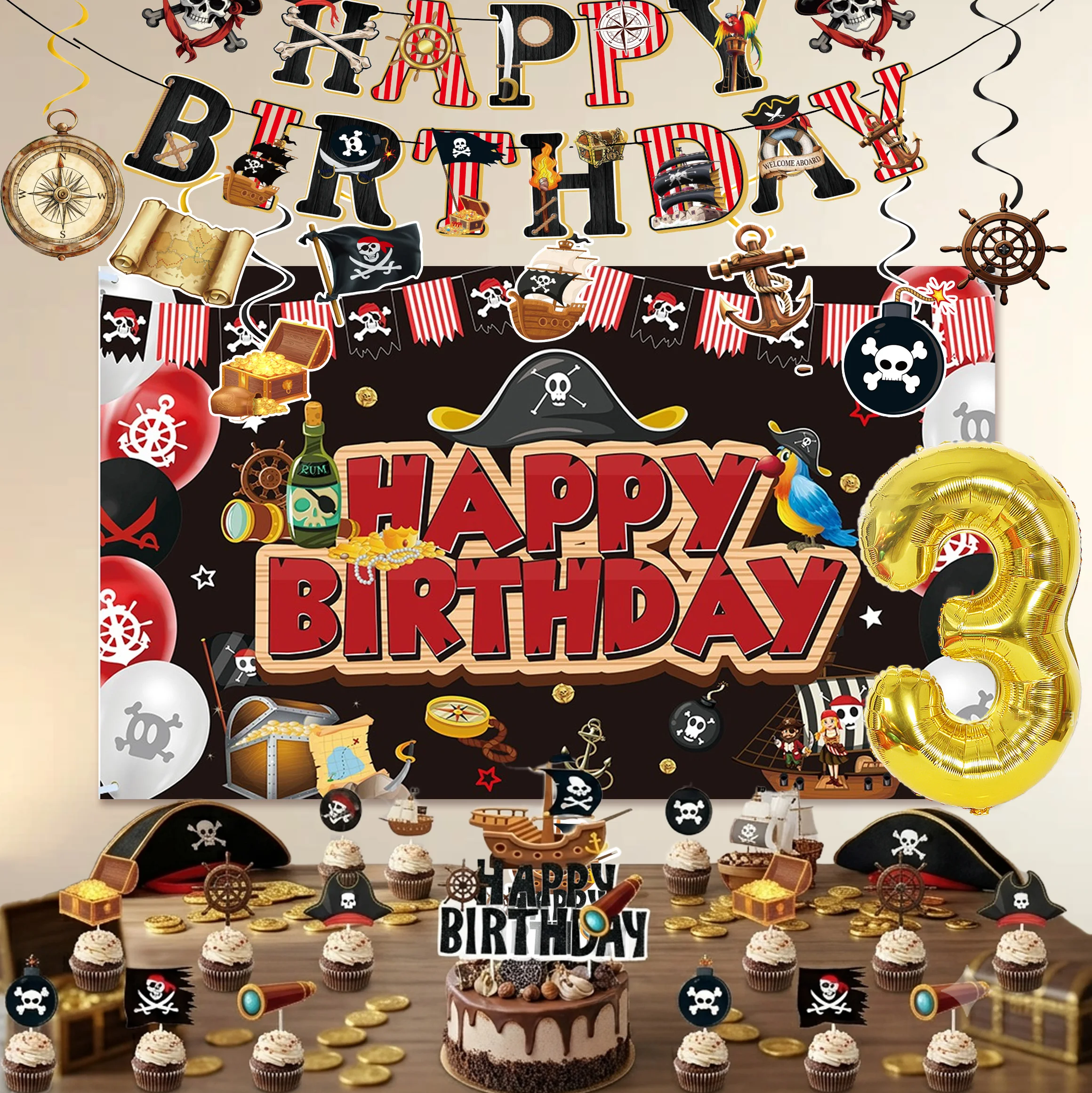 

Pirate Theme Children's Birthday Party Decoration Digital balloon Banner Cake Topper Sling Background Boy's Party Baby Shower