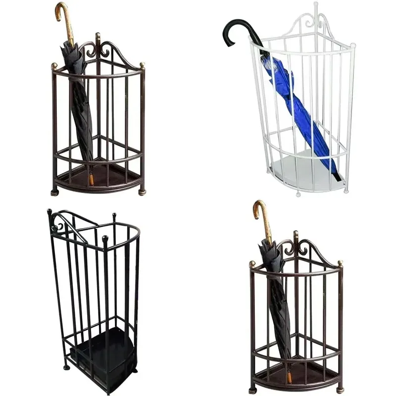 Vintage Iron Umbrella Stand with Drip Tray Corner Inlet Channel Design for Home Office Entryway Decor