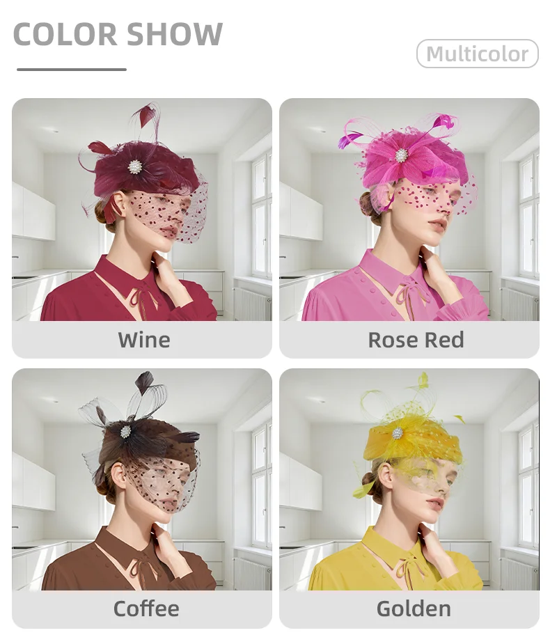 

Women Bridal Fascinator with Feathers Dot Print Veil Elegant Pillbox Hats for Tea Party Wedding Church Fedoras Headscarf Bonnet