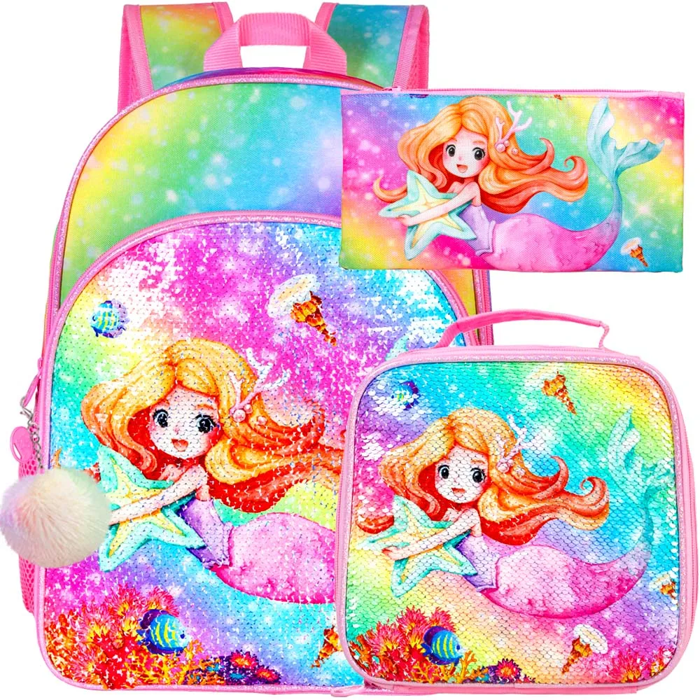 

3PCS Mermaid Backpack for Girls, 16" Kids Cute Sequin School Bookbag and Lunch Box for Elementary Toddler