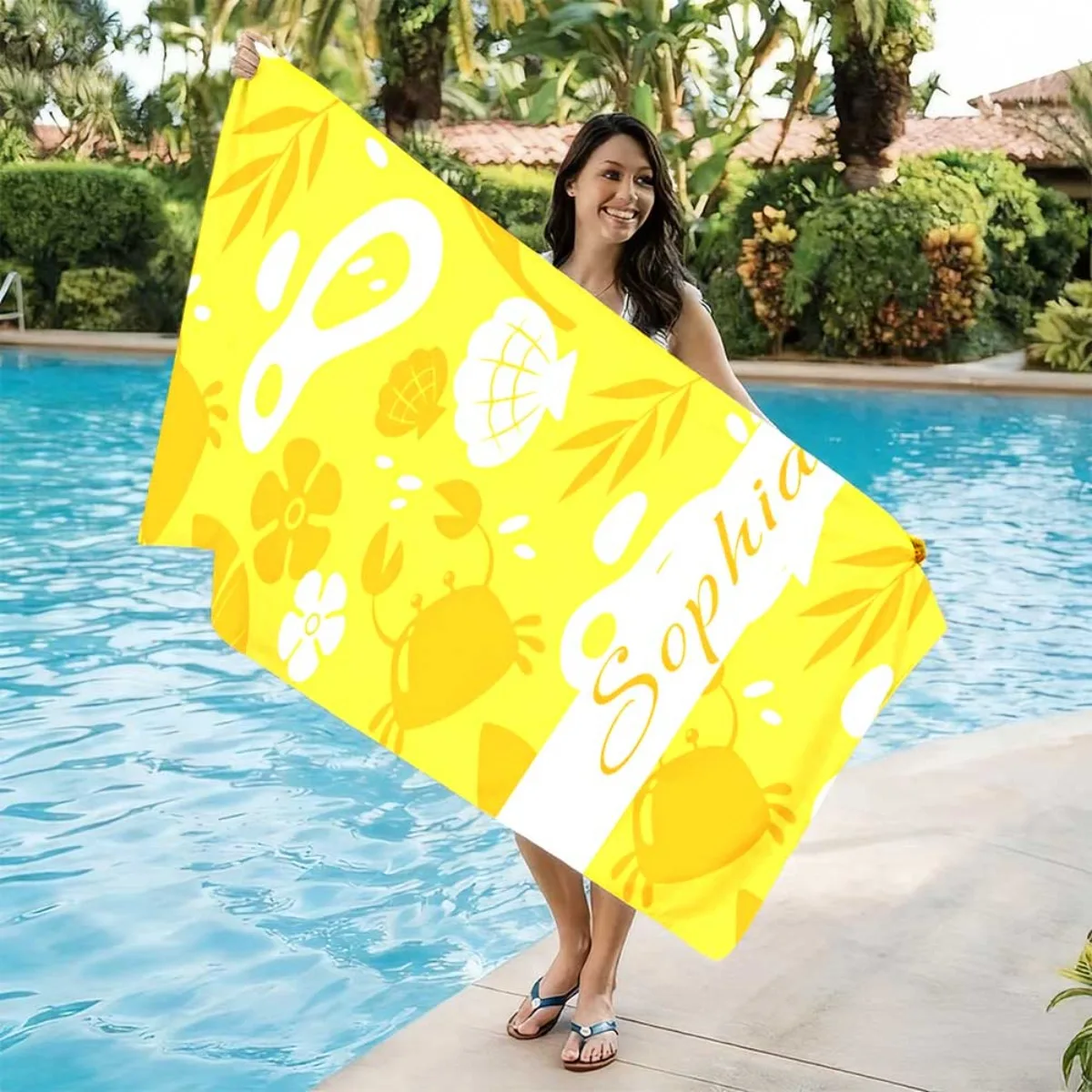 Personalized Sophia Beach Towel Cute Crab Shell Flower Print On Yellow Background Fun Design For Kids Or Pool Party Use