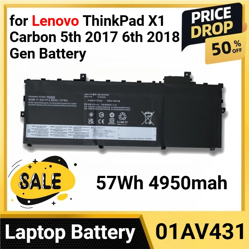 

01AV431 57Wh 4950mah for Lenovo ThinkPad X1 Carbon 5th 2017 6th 2018 Gen Battery