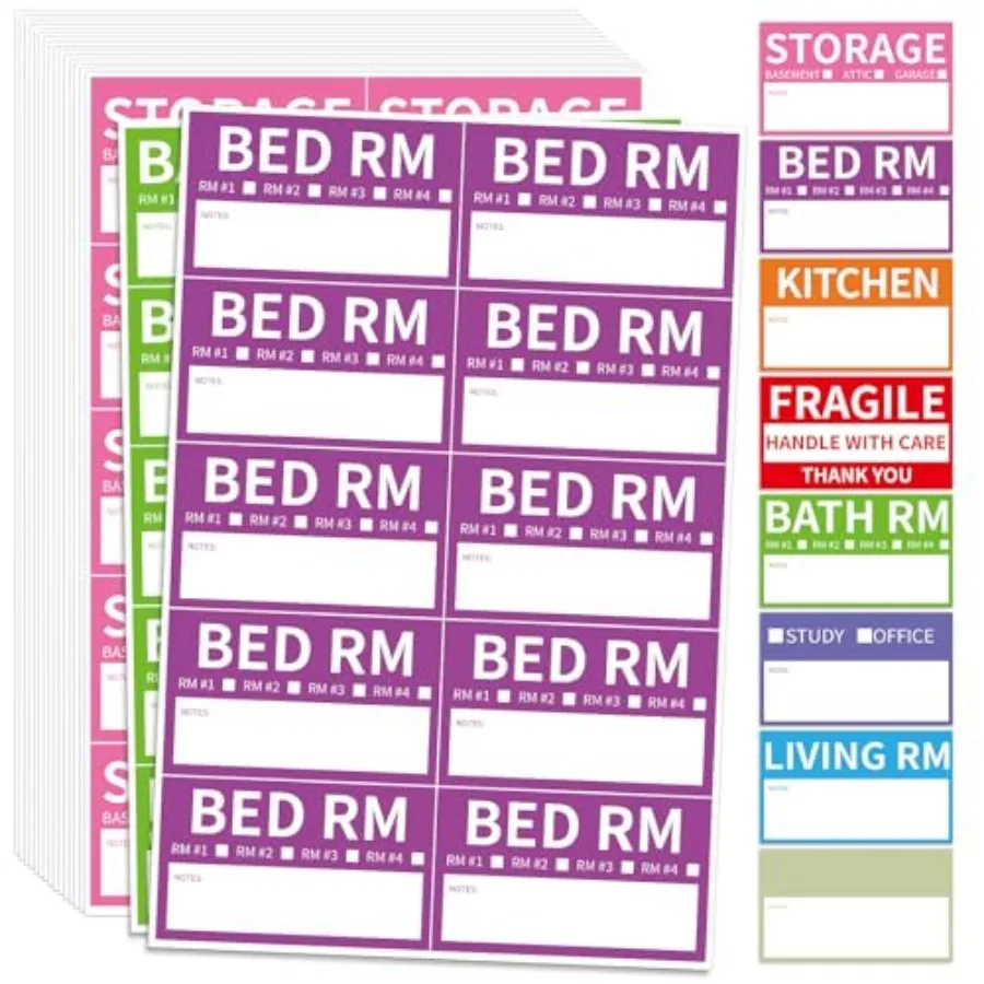 Home Moving Labels, 3.4 x 2 Inch, 8-Color Coded Packing Box Stickers with Fragile and Blank Customizable Labels