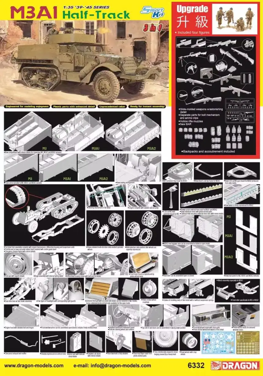 DRAGON 1/35 6332 M3A1 Half-Track (3 in 1) w/Figure/Equipment Model Kit