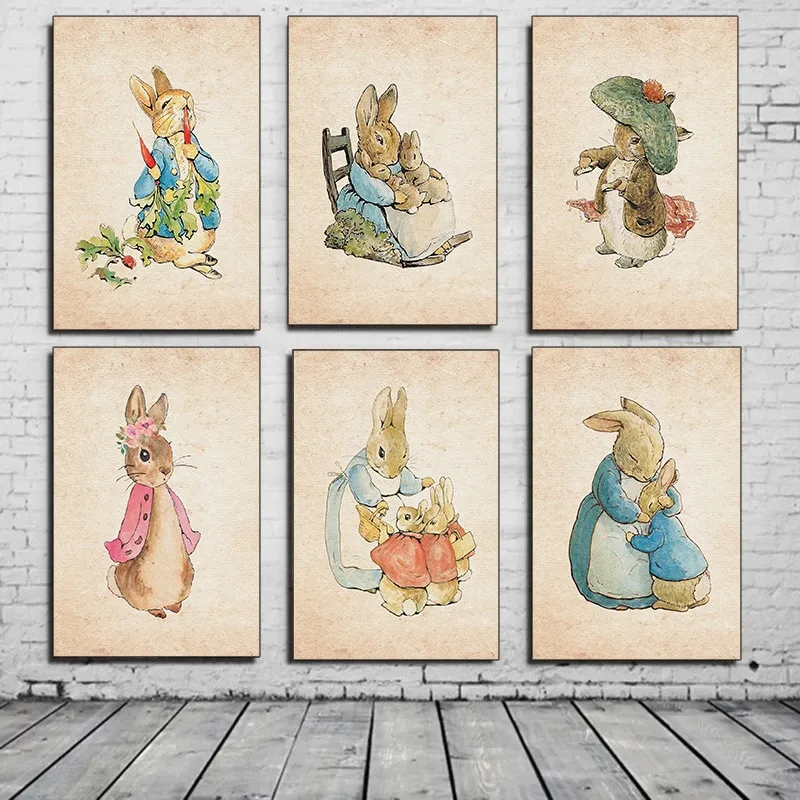 Beatrix Potter Character Illustration Poster Cartoon Cute Animal Rabbits Canvas Painting for Nursery Room Home Decor Gift