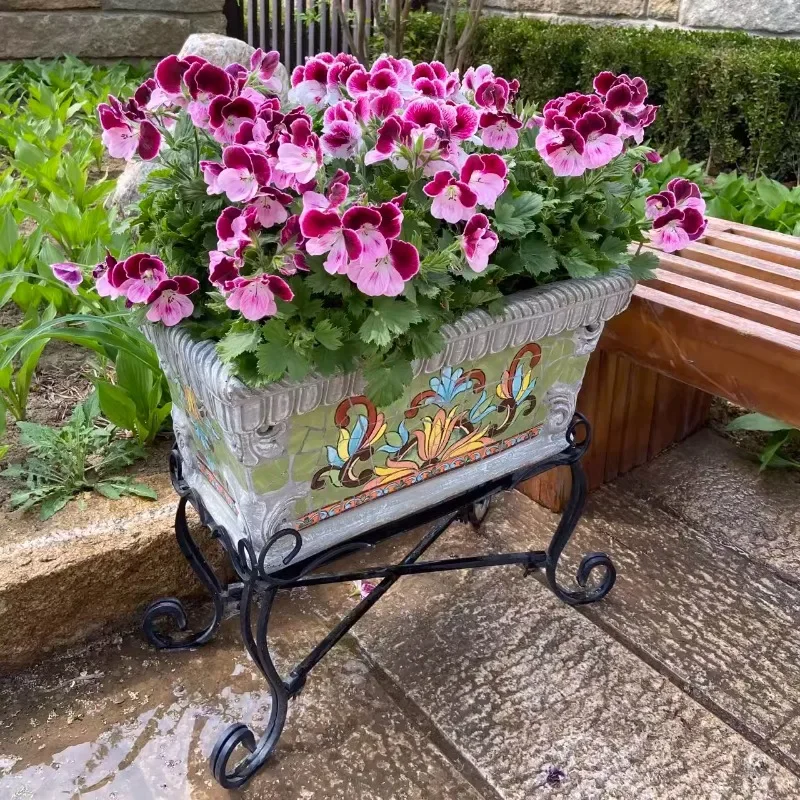 Outdoor ceramic mosaic wrought iron floor-to-ceiling rectangular flower pot large flower tank large, indoor and outdoor