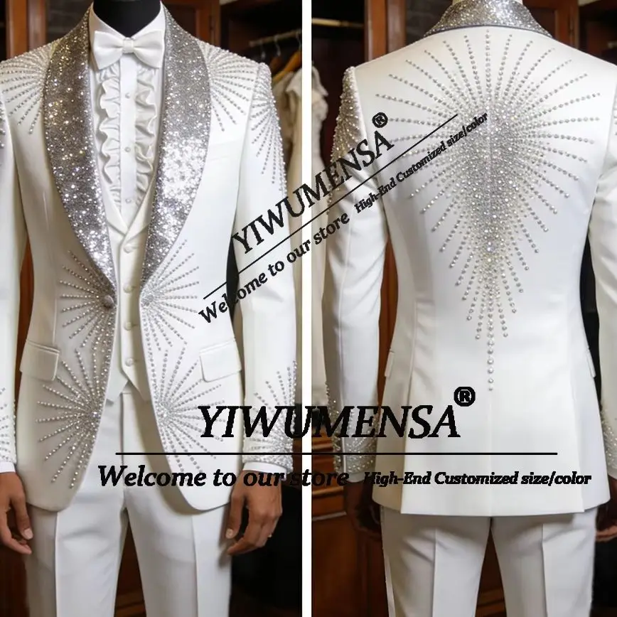 

Мужские костюмы для жениха с бриллиантовой вышивкой и пайетками, приталенные, с индивидуальной этикеткой, смокинги, комплекты из 3 предметов, наряды для церемоний, Ropa Hombre