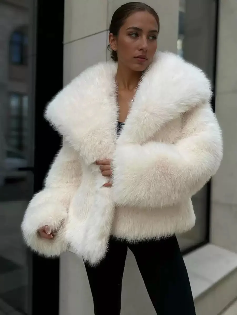 Women's Short Fur Jacket Autumn Winter New Style Fake Fur Vest V-neck Zipper Closure Long Sleeve Loose Fit Fashion Commute