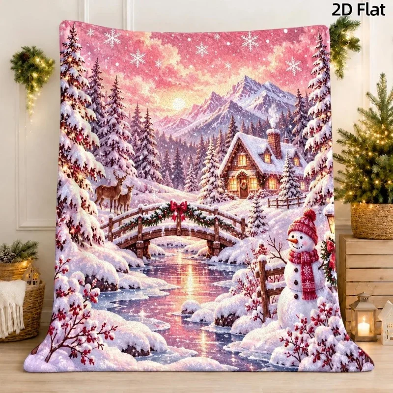 Farm Fresh Christmas Tree Sign Print Throw Blanket, Snowman Reindeer Gift Box Holiday Decor Throw Blanket