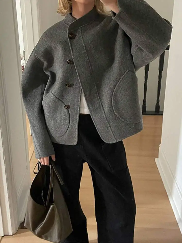 

2024 Fashion Solid Cropped Single Breasted Coats Women Casual Loose With Pockets High Collar Jacket Ladies Commuting Outerwears