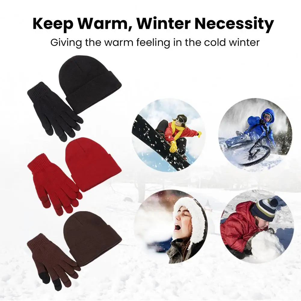

Winter Warm Knitted Gloves And Hat Set for Men And Women Soft Skull Cap And Touch Screen Gloves Set for Cold Weather