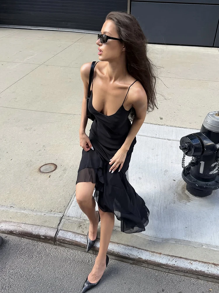 Sisterlinda Simpel Maxikleid für Damen mit Rüschen, Unregelmäßigem Saum, Tiefem Ausschnitt, Ärmellos, Einfarbig, Schmal Geschnitten, Klassisch, High-Street-Stil, Vestidos – Detail 7