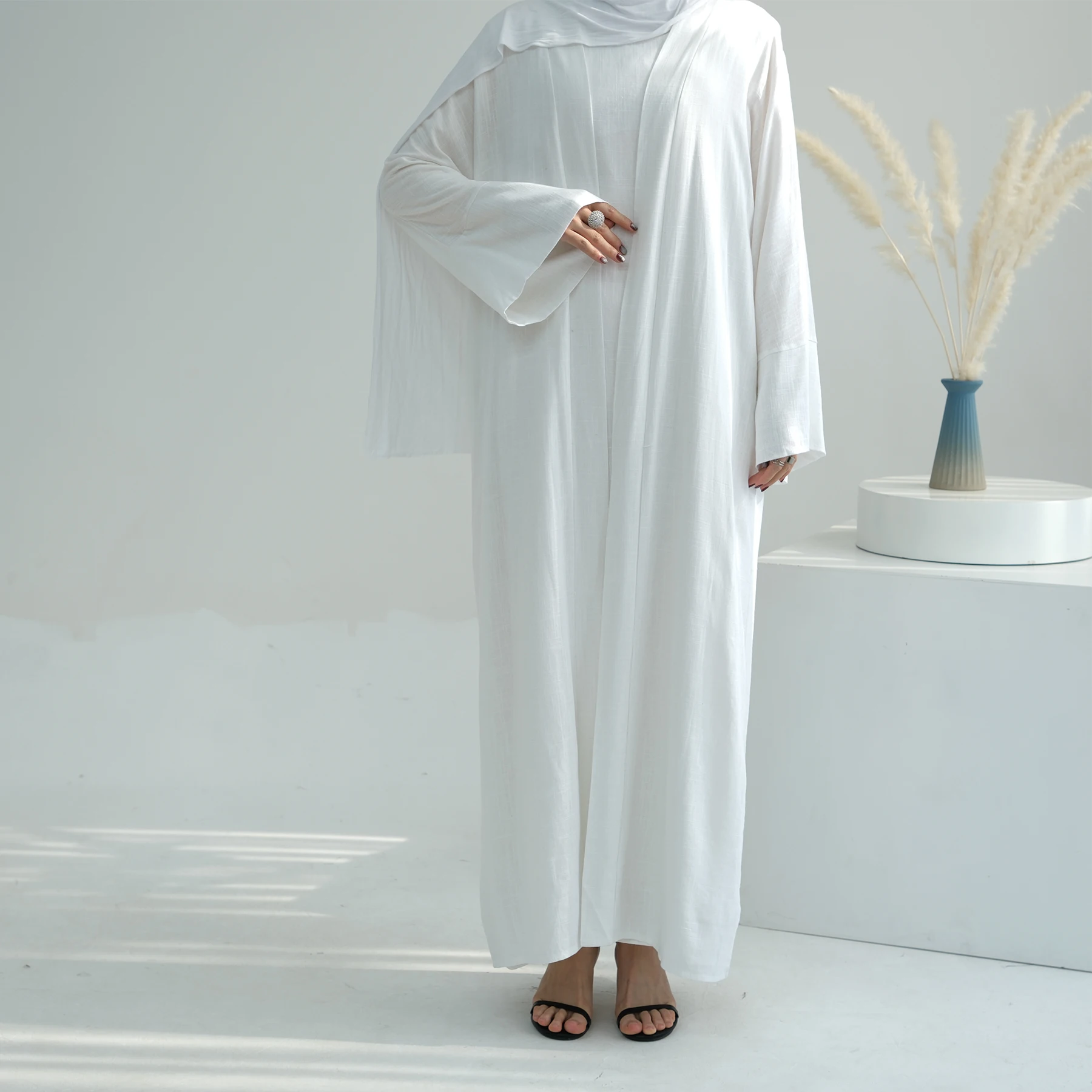 Saudi Solid Open Abaya Elegant Eid Muslim Modest Coat for Women Islam Turkey Dress Cotton Linen Long Sleeve Clothing Ramadan