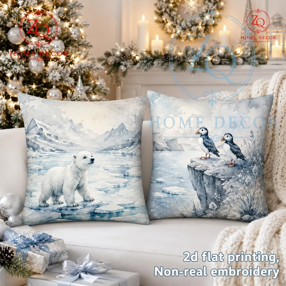 Polar winterthemed pillowcases with wercolor images  polar bears  puffins cree a soothing  festive Christmas mosphere