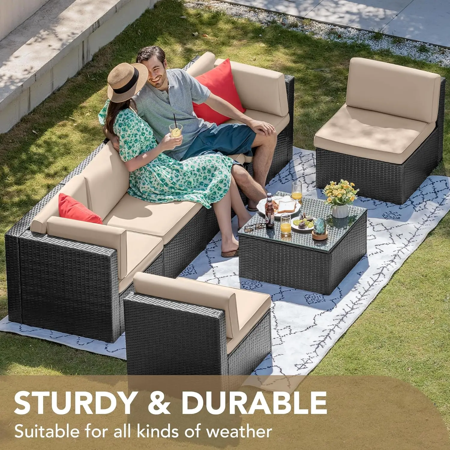 7 Pieces Outdoor Sectional Sofa Patio Furniture Sets Manual Weaving Wicker Rattan Patio Conversation Sets with Cushion(Beige)