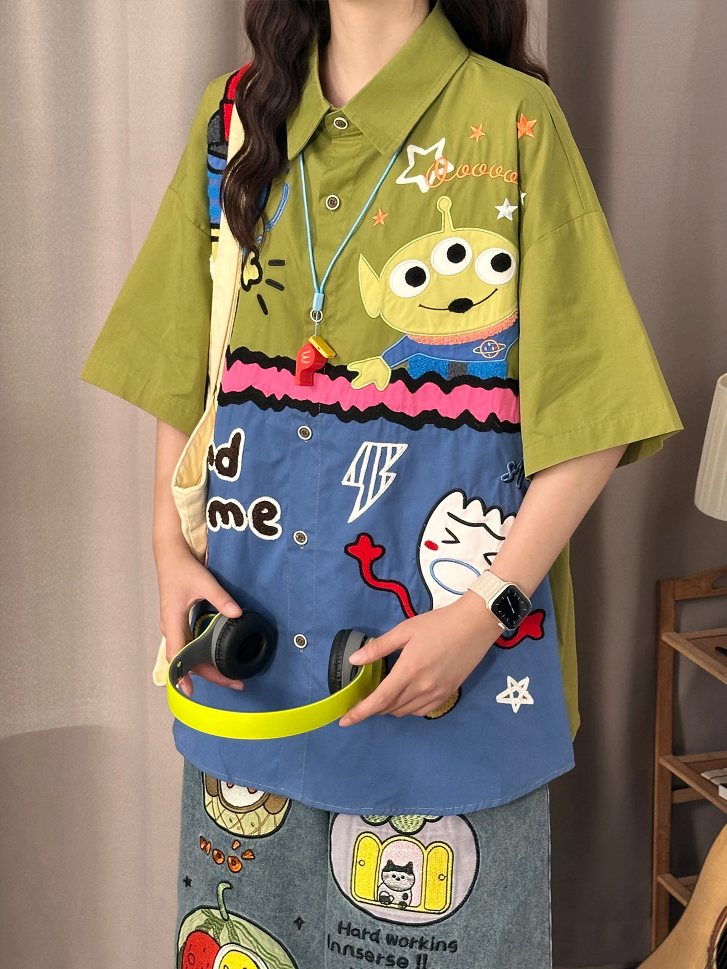 

Original Fun Cartoon Embroidery Patchwork Short Sleeve Loose Women's Shirt Summer Breathable Cotton Street Style Design Sense...