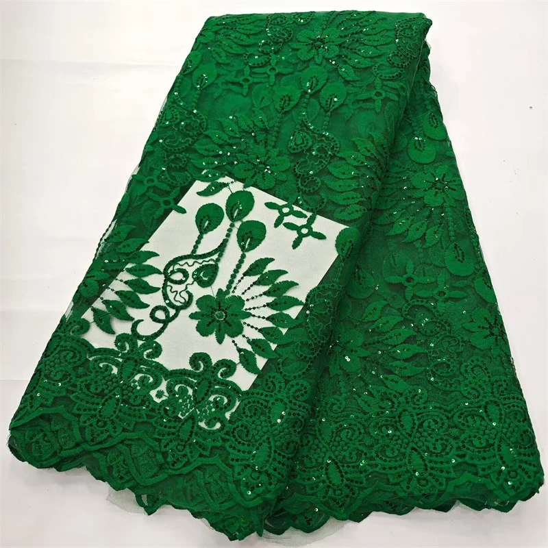 2024 High Quality African Lace Fabric Light Green French Net Sequins Fabric Sewing Embroidered Lace Tulle Nigerian Lace Fabric