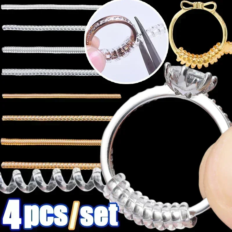 4pcs/set Ring Size Reducer Tools Spiral Spring Based Rings Adjust Invisible Transparent Tightener Resizing Tool Jewelry Guard