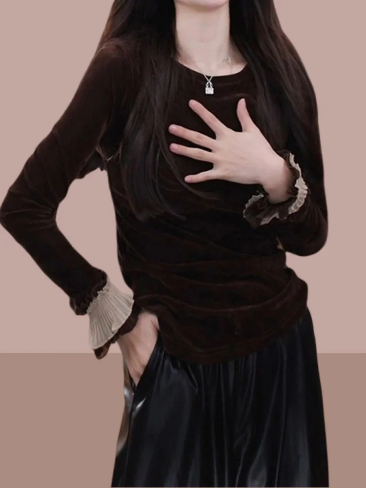 Coreano Sle Lace Bell Sve Patchwork Bla Velvet mujer irt Faionable otoño capa Base Top Commute Friendly