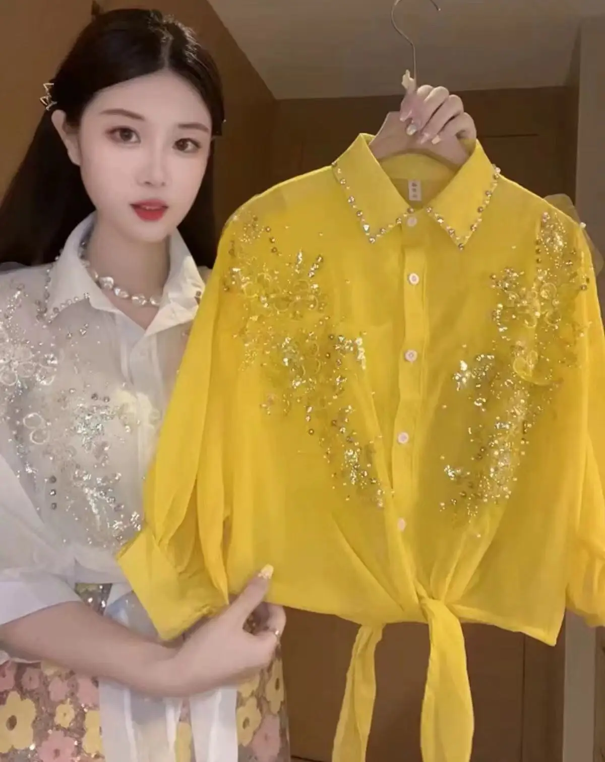 Fashion Women\'s Sunscreen Shirts New In Summer Cardigan Half Sleeved Beaded Sequined Embroidery Chiffon Loose Tops