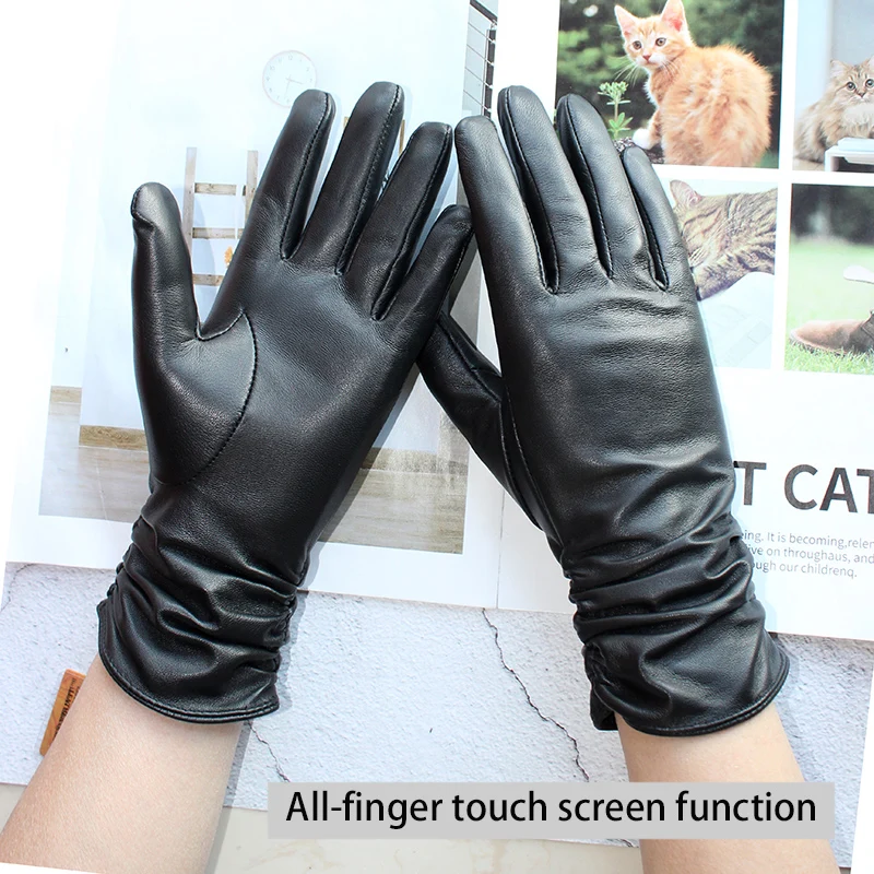 Gants en cuir véritable pour femmes, gants en peau de mouton, style élastique, doublure en velours, coupe-vent, blanc, extérieur, hiver, chaleur,