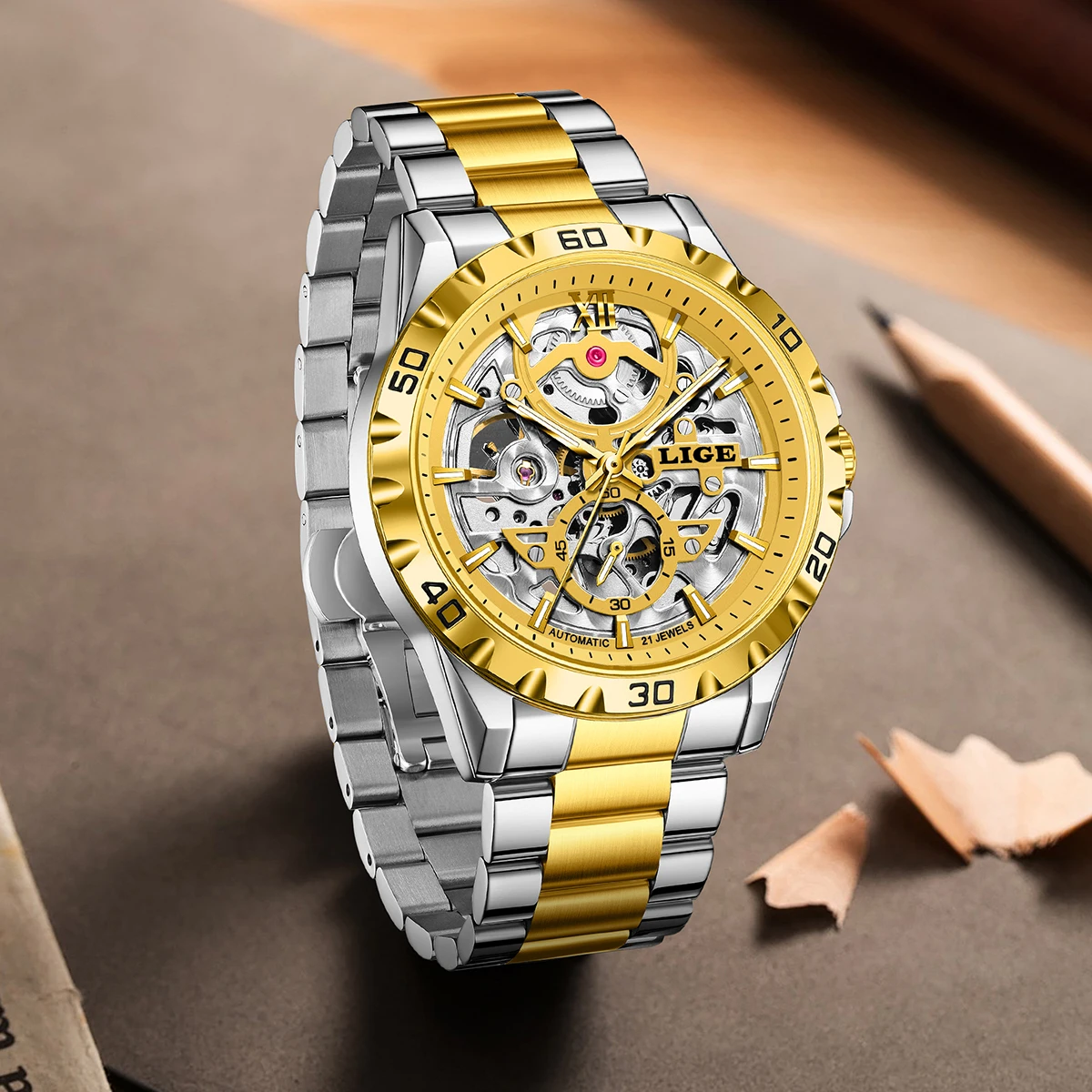 

LIGE Luxury Men mechanical Watches Automatic wristwatches Date Luminous Waterproof Hollow Tourbillon Stainless Steel Men Watch