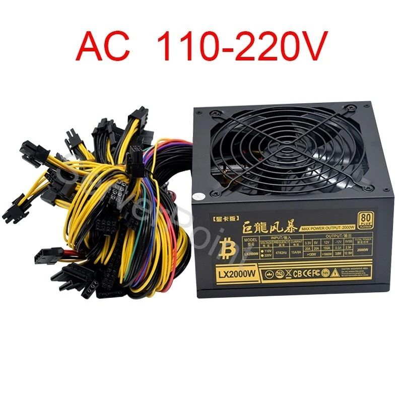 Fonte de Alimentação ATX 2000W para PC AC110-220v, para 8 Placas Gráficas, Mineração Ethereum ETH BTC RVN