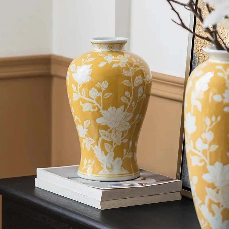 Yellow ceramic vase blue and white porcelain living room flower arrangement desktop rich ornament new Chinese home