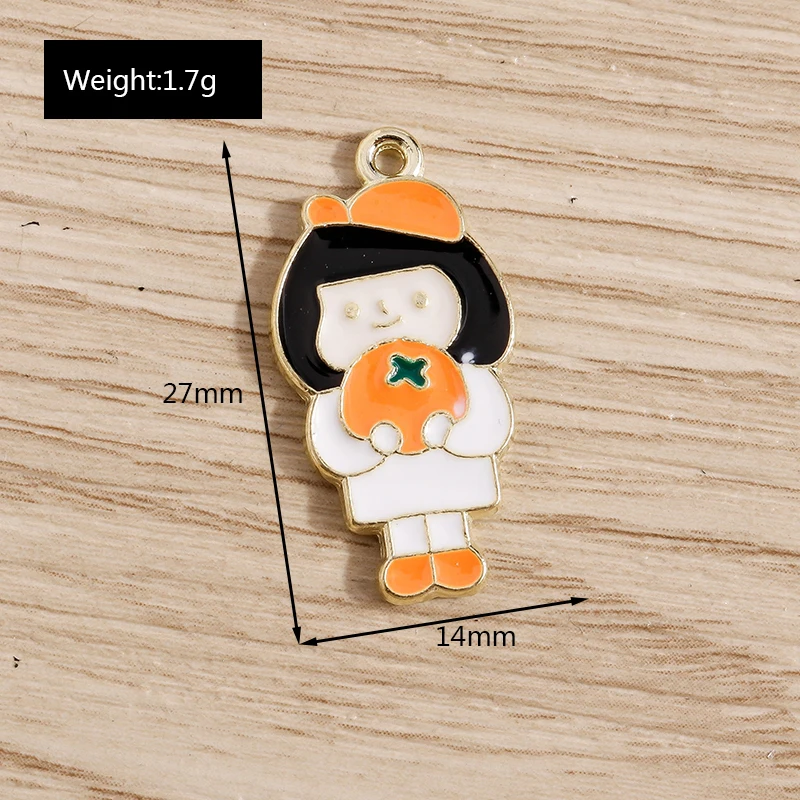 10pcs 14x27mm Cute Enamel Girl Eat Orange Charms Pendants for Jewelry Making Earrings Necklace Bracelets DIY Crafts Supplies