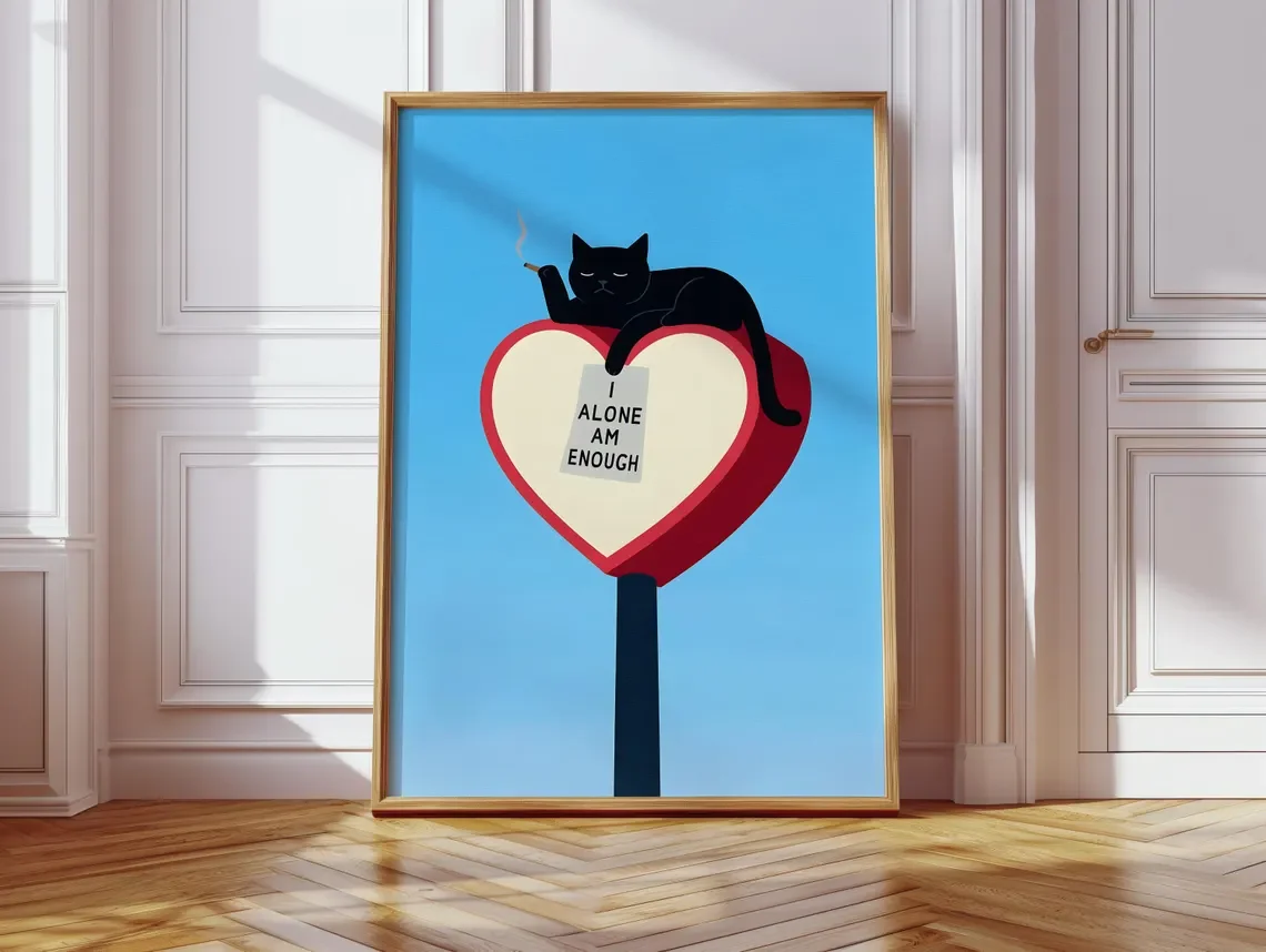 Rebel Self-Love Cat Wall Art - Clean Graphic Print of a Confident Black Cat Embracing Solitude, Blending Edgy Humor with a Messa
