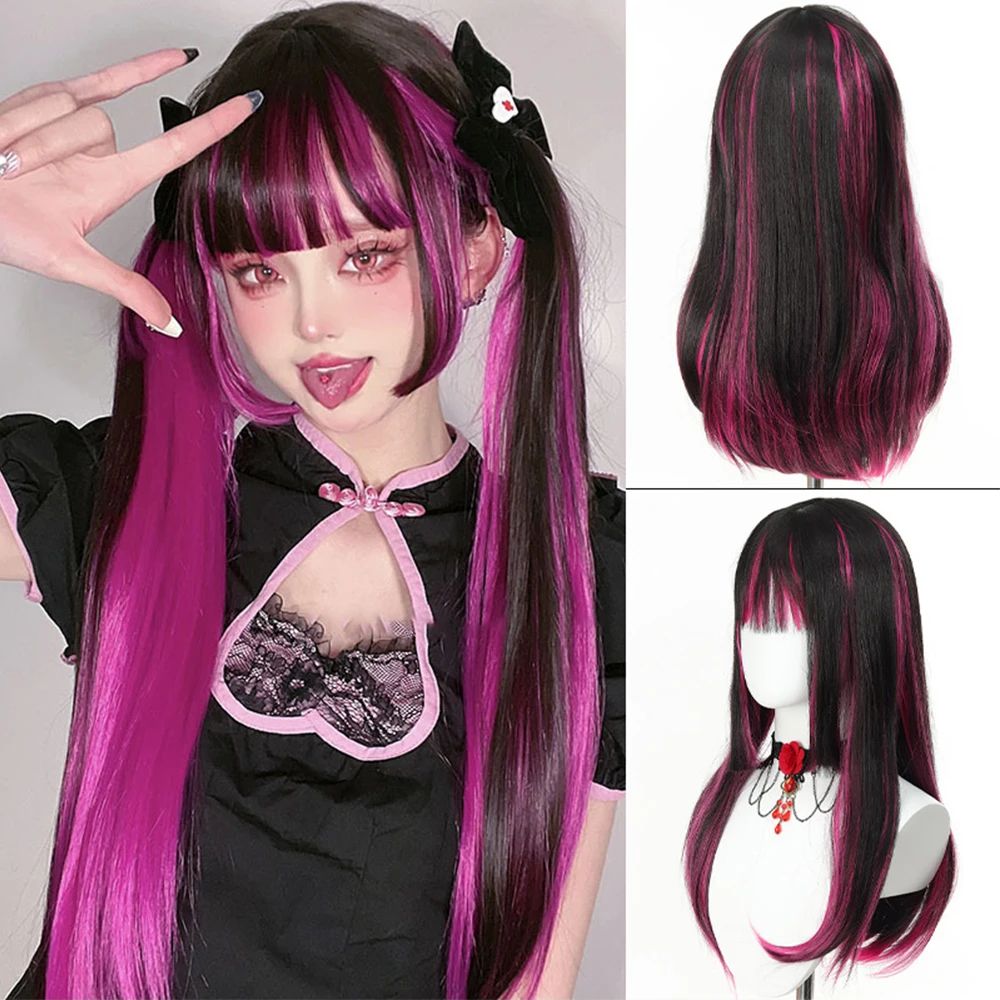 24' Synthetic Red Purple Wigs for Women Hime Cut Fringe Bangs Split Dye Halloween Party Cosplay Items Wig Half and Half Color