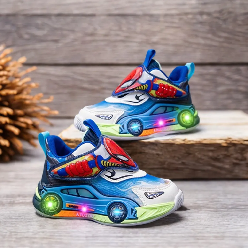 Zapatos Disney para niños, zapatillas de deporte de Spiderman con luces LED de dibujos animados a la moda para niños, zapatos deportivos antideslizantes transpirables para estudiantes, talla 26