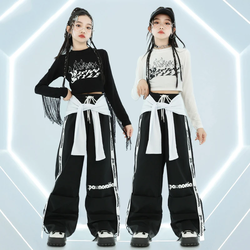 

Girls Tassel Sleeves Crop Tops Black Hip-Hop Pants Kids Long Sleeves Performance Costumes Team Competition Clothing Kpop BL14375